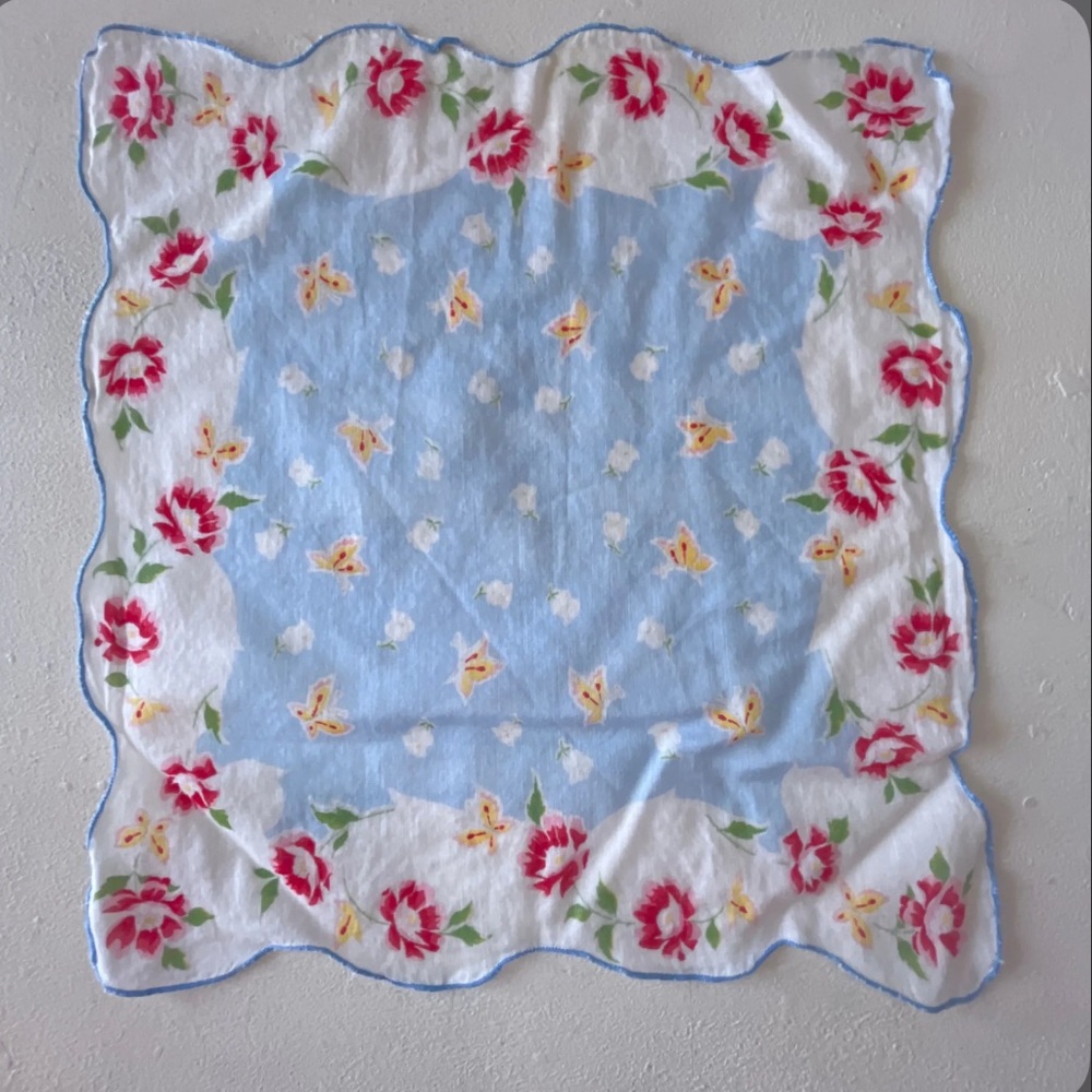 Floral Handkerchief with Red and Blue Accents